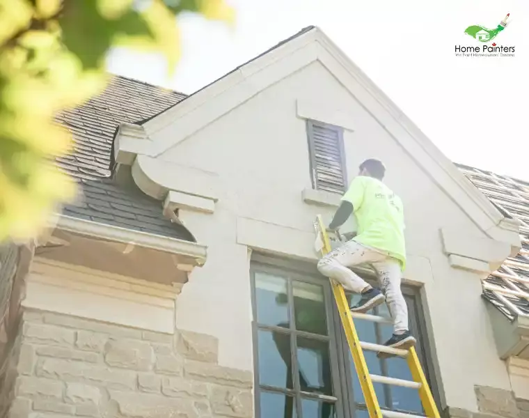 Exterior Painting Workers and Painters Taupe Worker on Stone House Staining the Exterior