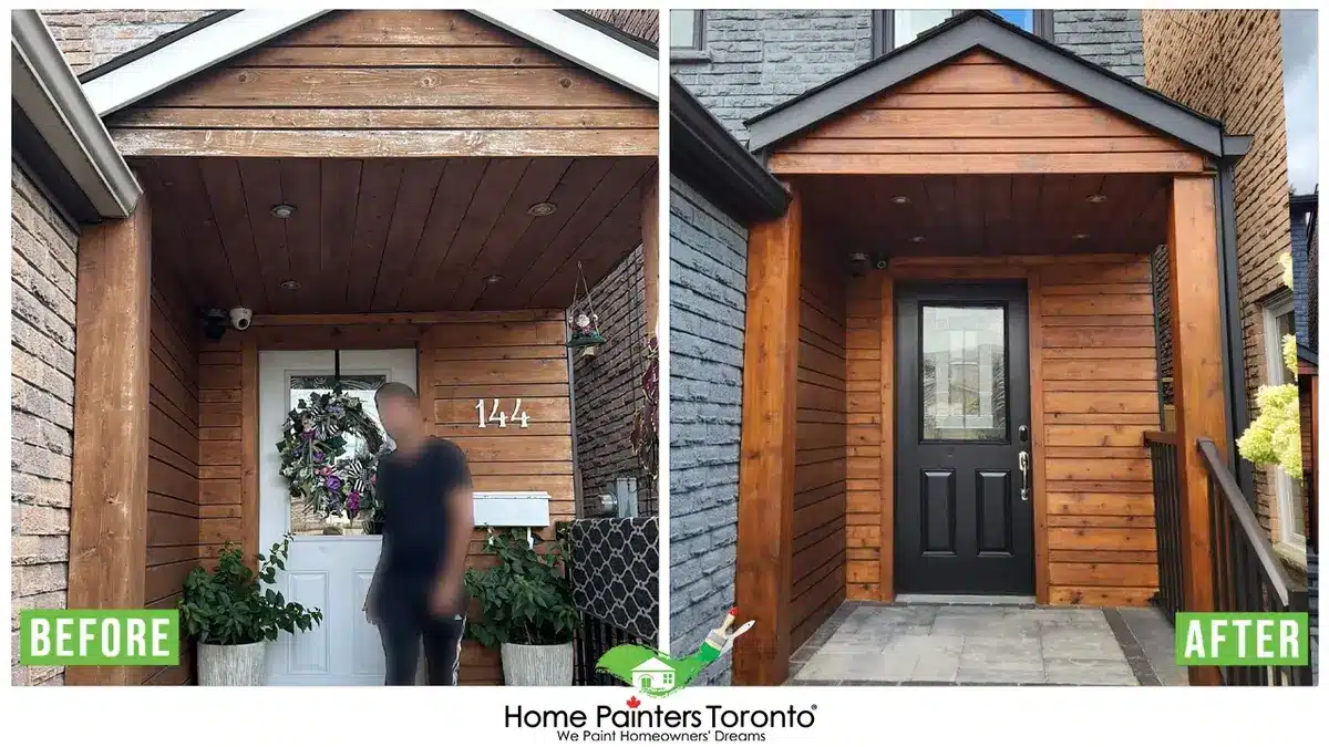 Professional crew in Toronto GTA assessing rotted cedar wood siding to decide whether patching or full replacement is the right call based on moisture meter readings and a probe test of the framing