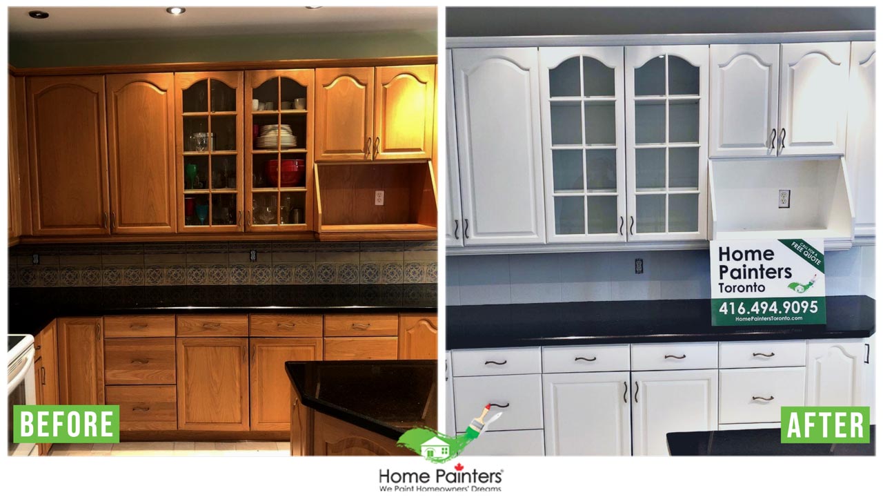 Before and after picture for kitchen cabinet, Painting Kitchen Cabinets, How to paint kitchen cabinets, Painted kitchen cabinets, cabinet refinishing, best paint for kitchen cabinet