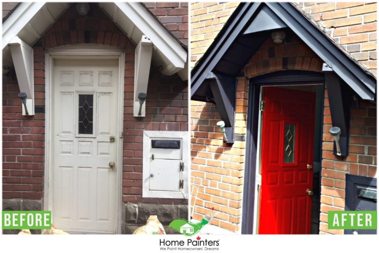 before and after house in toronto with brick exterior and wood front door painted red to improve curb appeal by local toronto home painters