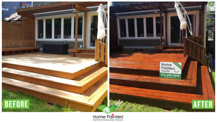 before and after of stripping and staining a wood deck. wow one day painting company in toronto
