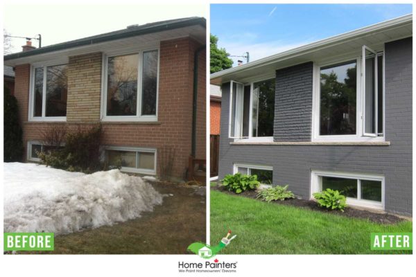 before and after of exterior brick staining on small home in toronto, professional home painters in toronto, exterior painters, exterior house painters, exterior home painting colours