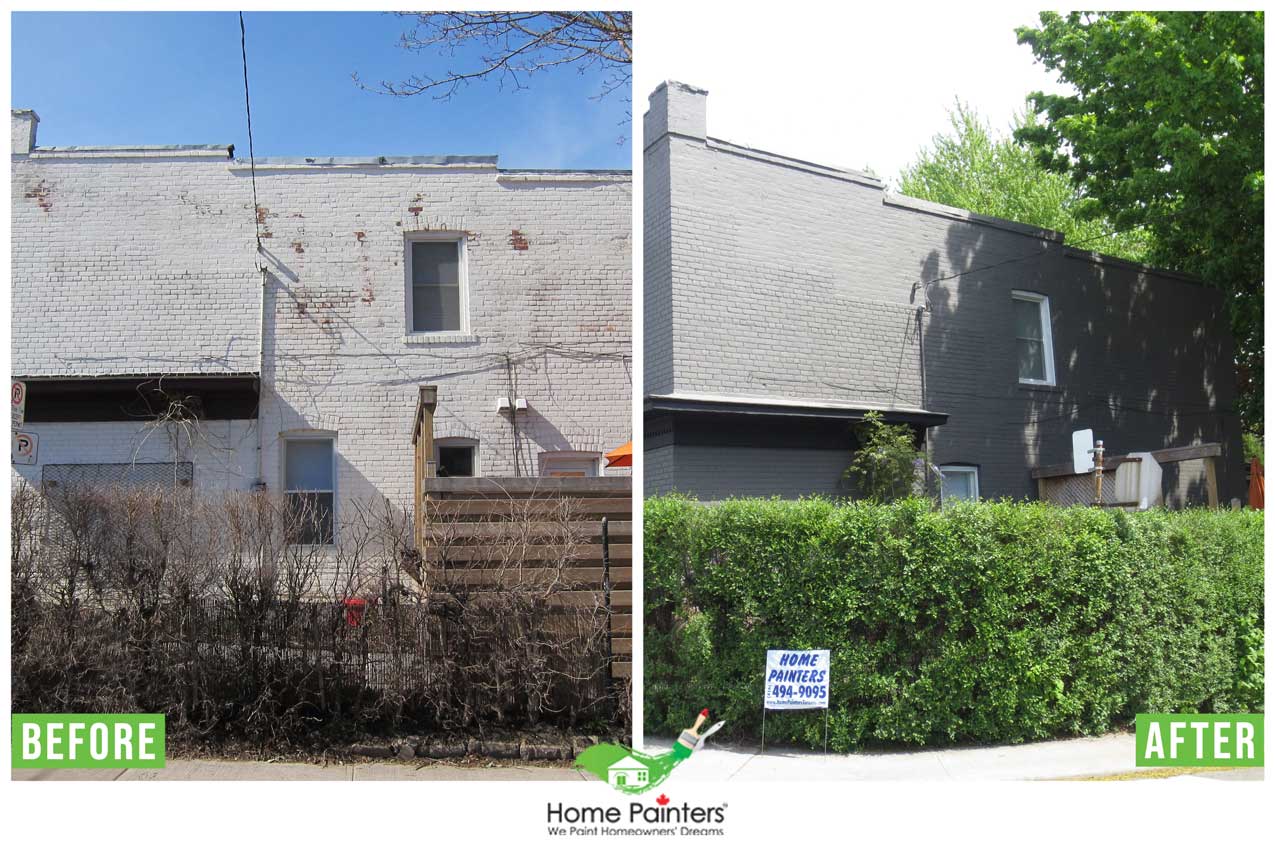 Before and after pictures for brick staining and painting on exterior of a residential house, cost to paint a brick house, is it better to stain or paint brick, how long does stained brick last, brick painters, staining brick house, stained brick exterior