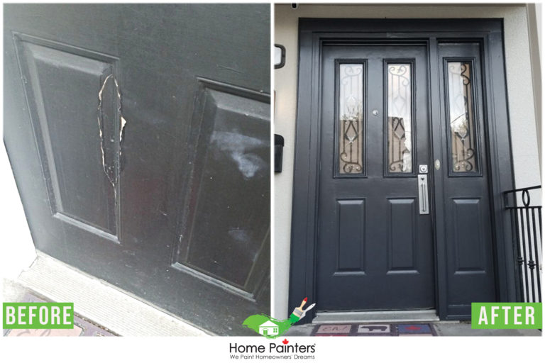 renovated black front entry door in Toronto, Ontario by local city home painters in the gta