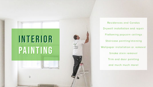 Interior Painting company House Painters painting a white wall in Toronto on a ladder.