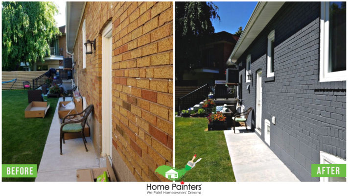 Before and after of a brick stained home, from a red brick to modern dark gray colour, made by Home Painters toronto