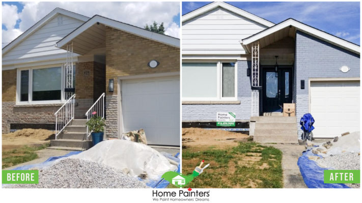 Before and after of a brick staining project, from a red brick to modern dark gray colour, made by Home Painters toronto