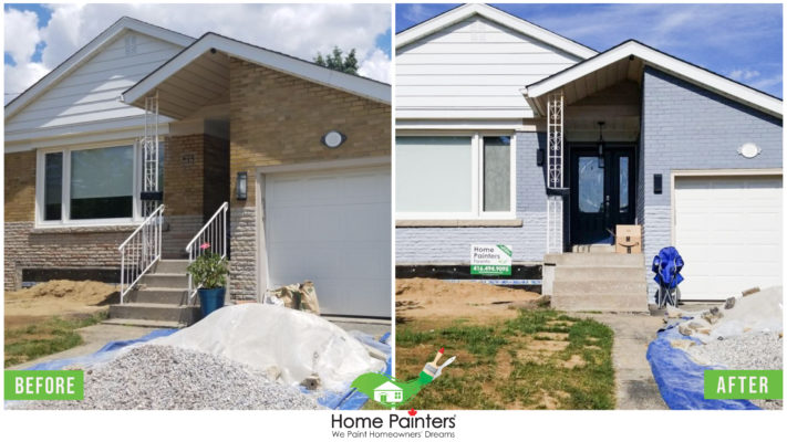 Before and after of a brick staining project, from a red brick to modern dark gray colour, made by Home Painters toronto
