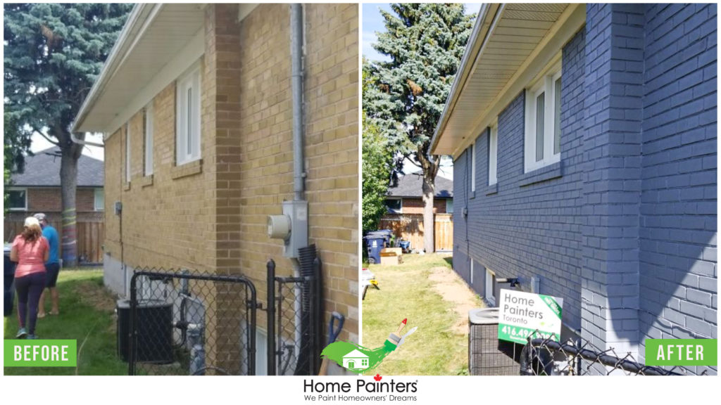 Before and after of a brick stain home, from a red brick to modern dark gray colour, made by Home Painters toronto painting company