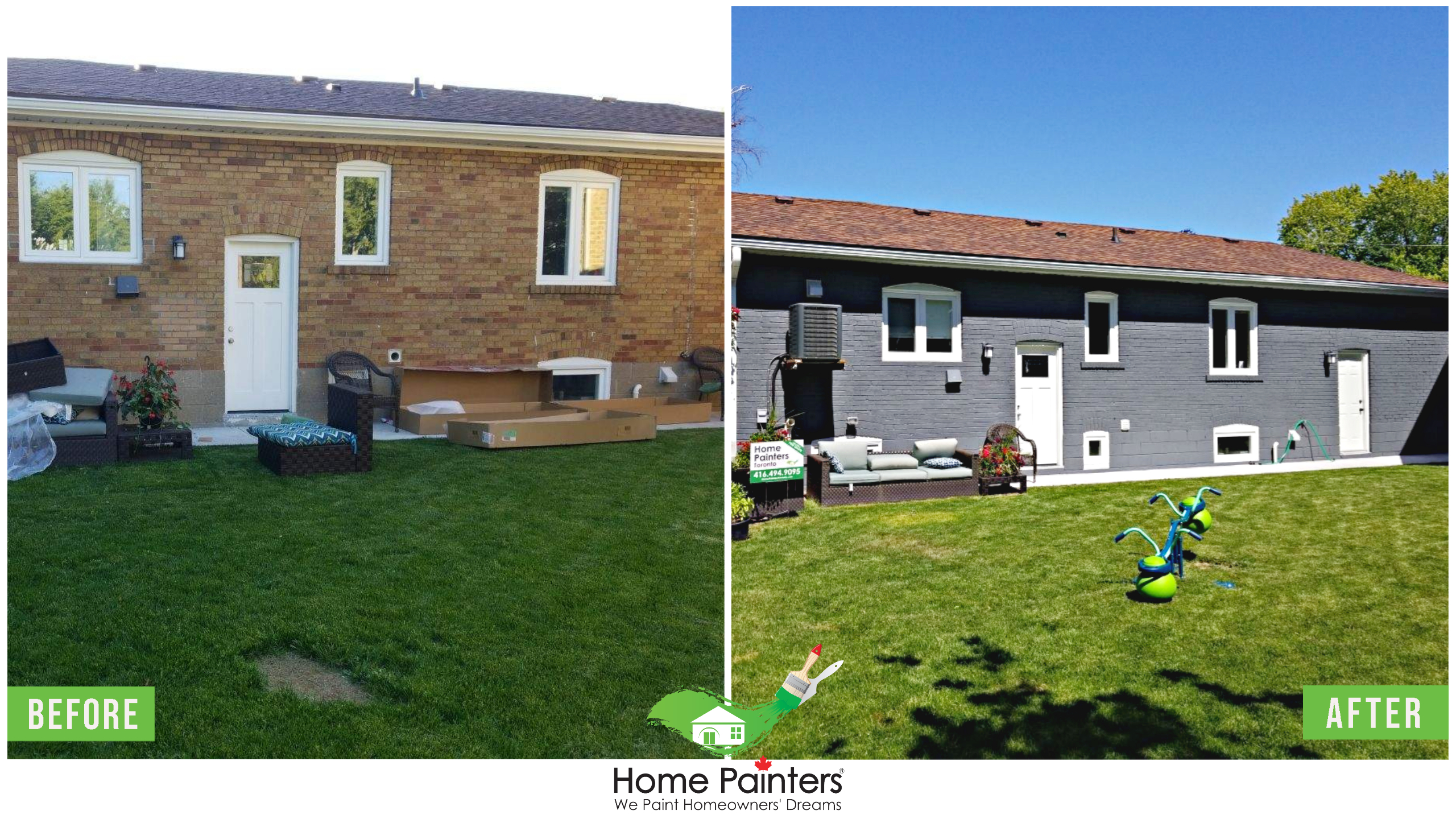 Before and after of a brick stained home, from a red brick to modern dark gray colour, made by Home Painters toronto