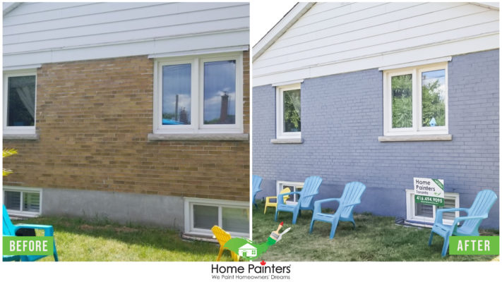 Awesome Before and after of a brick stained home, from a red brick to modern dark gray colour, done by Toronto painting company Home Painters toronto