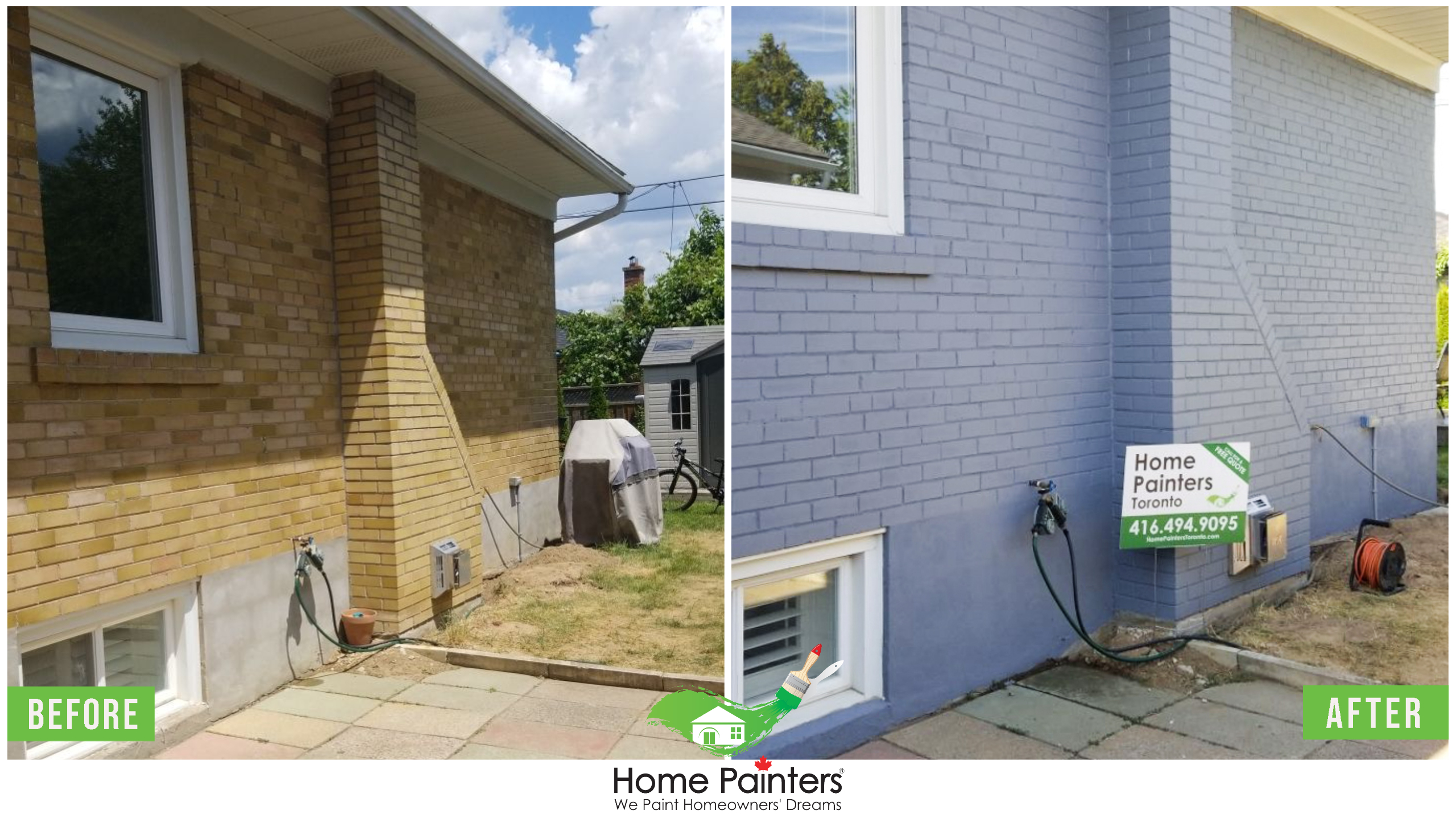 Best transformation of a brick stained home, from a red brick to modern dark gray colour, made by Home Painters toronto
