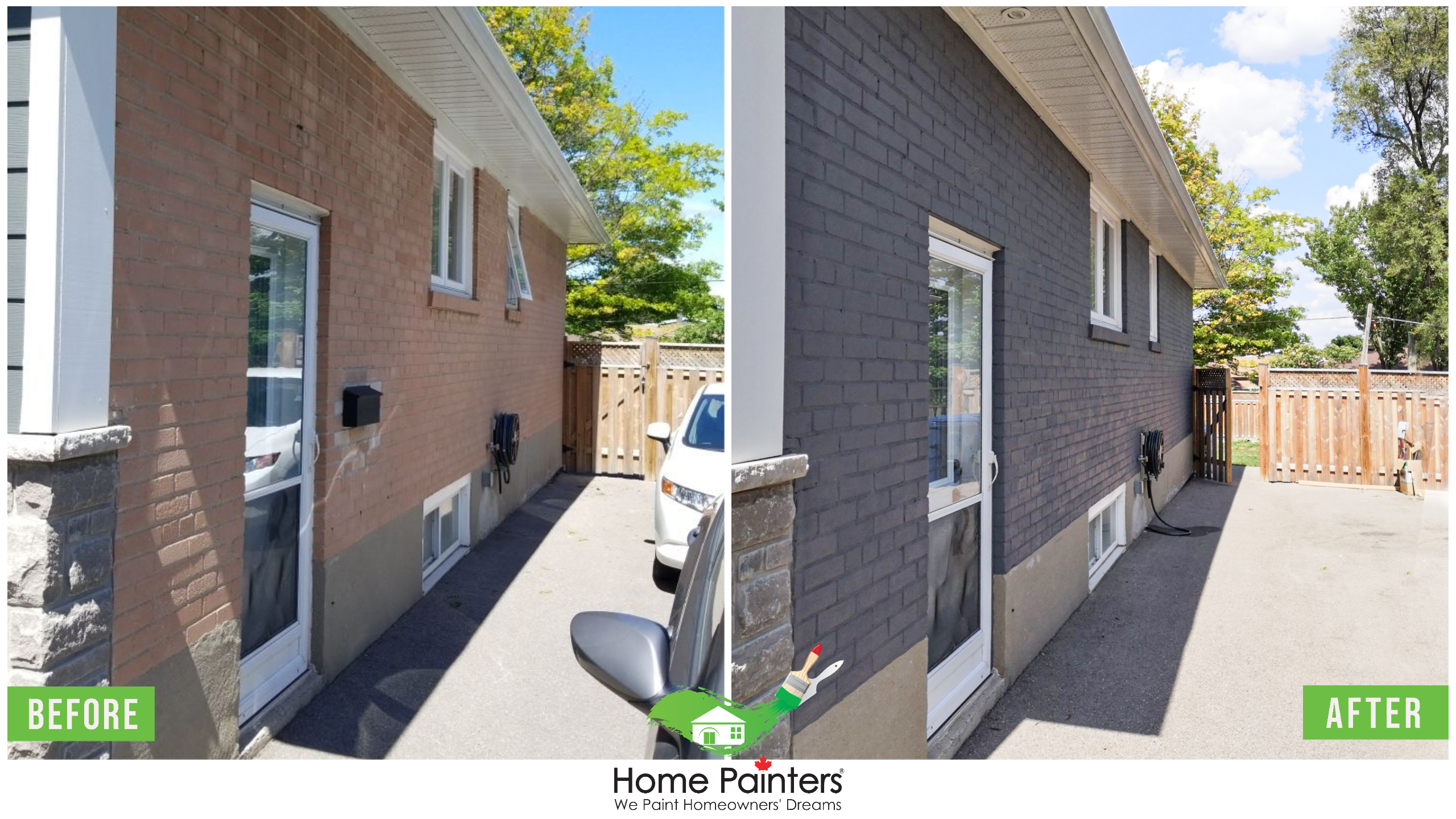 Before and after of a brick stained home, from a red brick to modern dark gray colour, made by Home Painters toronto