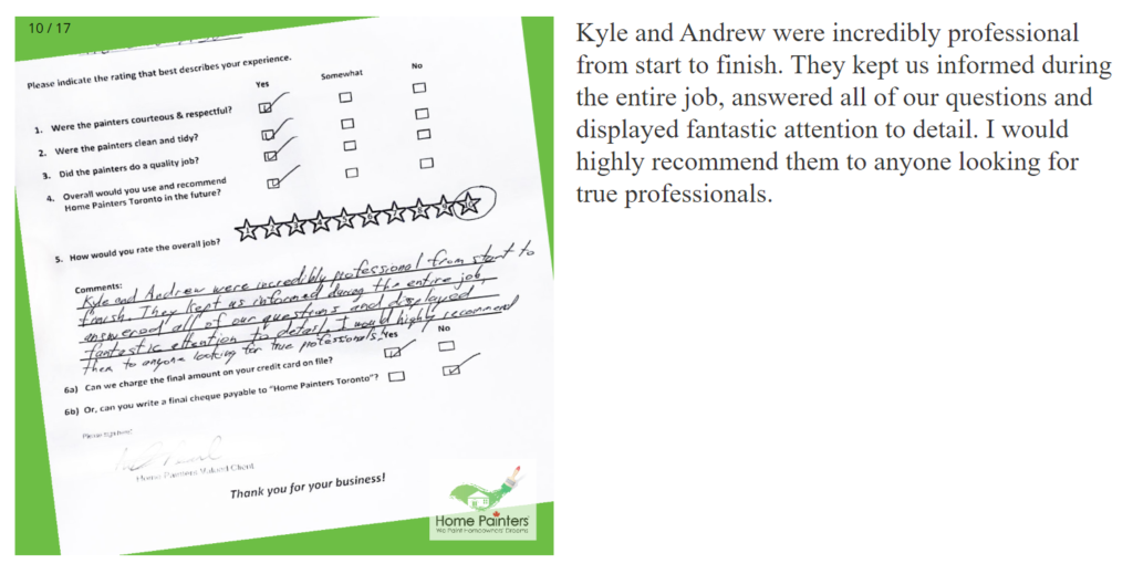 Client's Hand written Review for Home Painters Toronto