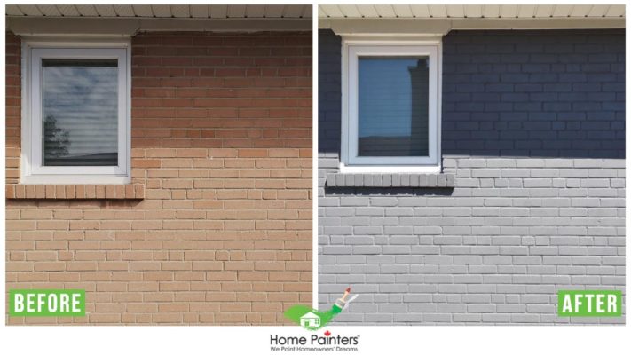 Before and after of a brick staining home, from a red brick to modern dark gray colour, made by Toronto painting company Home Painters toronto