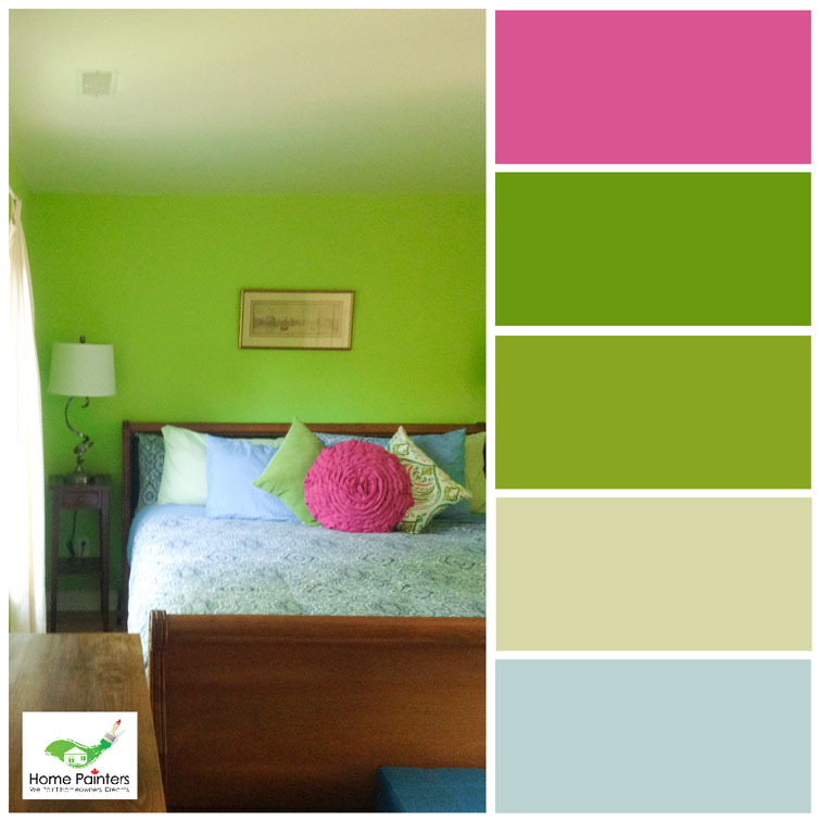 bright colour palette for interior design bedroom painted bright green with magenta and blue accents, complementary colours