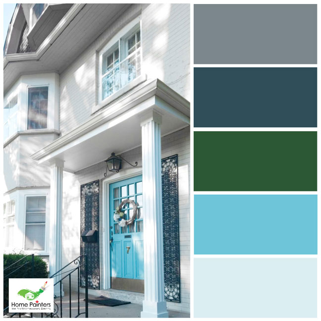 white painted house in toronto with exterior wood front door painted bright blue for curb appeal ideas