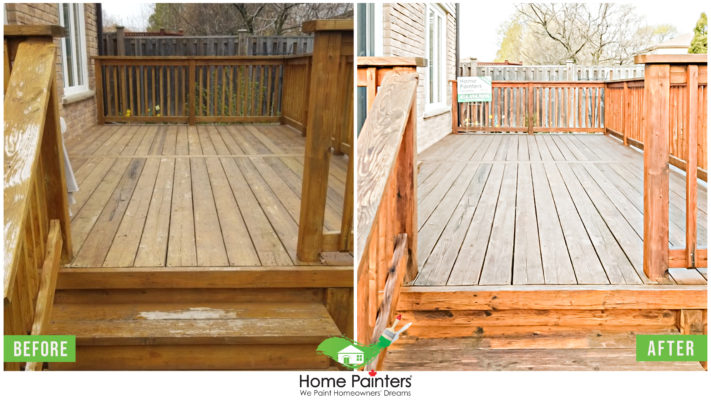 Transformation of exterior fence deck staining before and after by home painters toronto