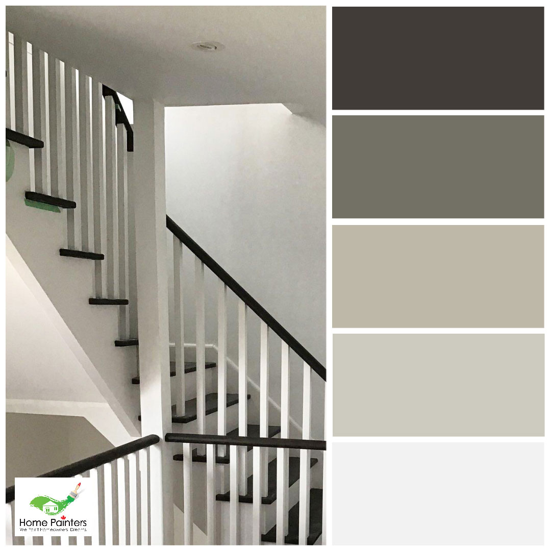 wrap around stairs painted black and white by house painters in toronto, neutral colour palette for stairs interior design inspiration