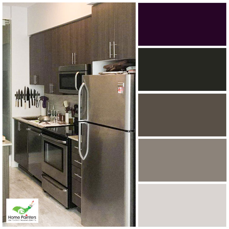 small apartment kitchen painted by house painters in toronto, brown tones colour palette for interior design inspiration