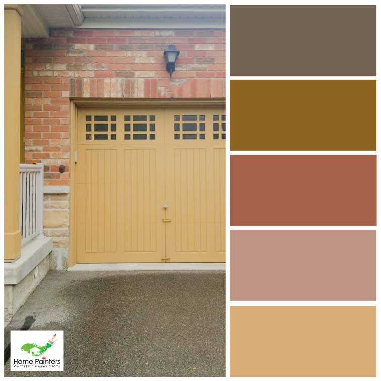 brick house with mustard yellow painted garage door and wood trim, muted colour palette