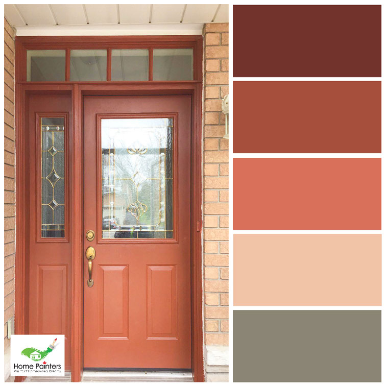 red brick house with painted wood door to improve curb appeal red tones colour palette