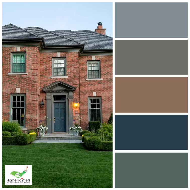 red brick house with wood door painted dark blue to improve curb appeal