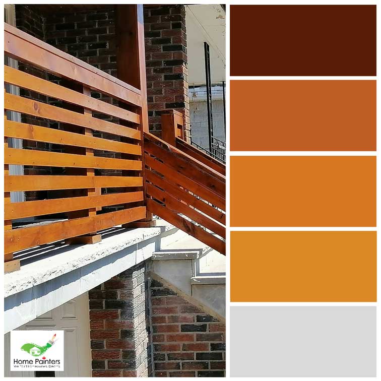 colour palette of front deck oak wood staining with concrete and red brick house toronto painting company