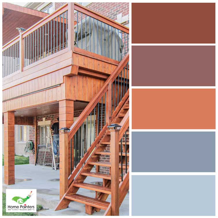 colour palette of oak wood staining upper deck with oak wood and iron stairs in backyard