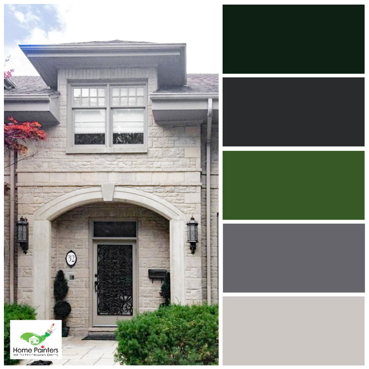 grey and green colour palette home in toronto with exterior brick painting home painted by toronto painting company