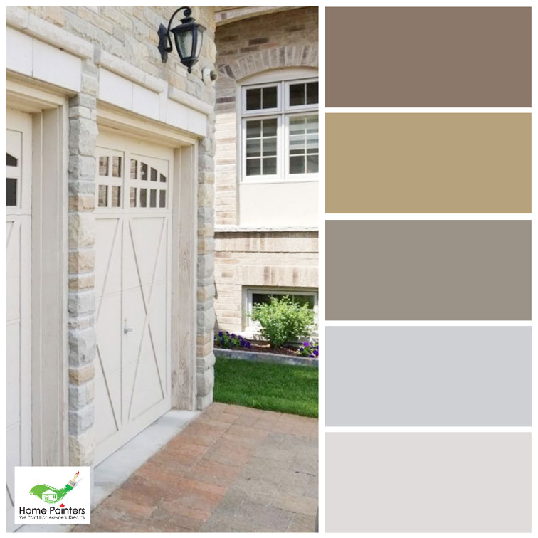 stone house garage door painted taupe by house painters in toronto, ontario, taupe colour palette for exterior design