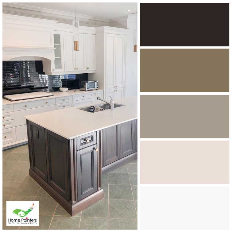 colour palette of modern kitchen with dark stained wood under cabinets and wood cupboards painted white, kitchen cabinet painting, painting laminate cabinets, how to use a colour wheel, complementary colours