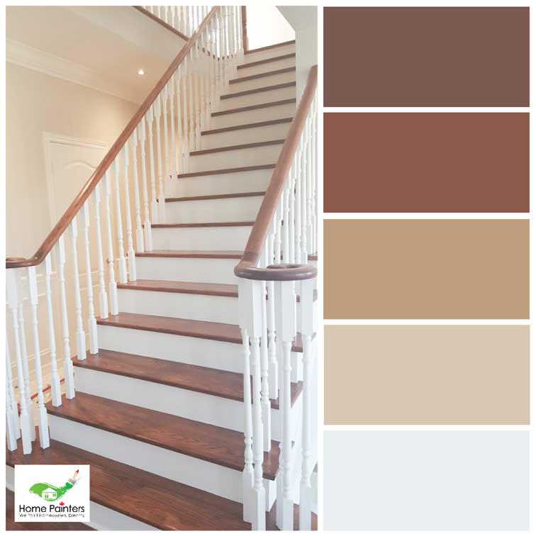 oak wood stairs painting and staining stair rails painted white by interior house painters in toronto, painted stairs ideas, complementary colours, how to use a colour wheel