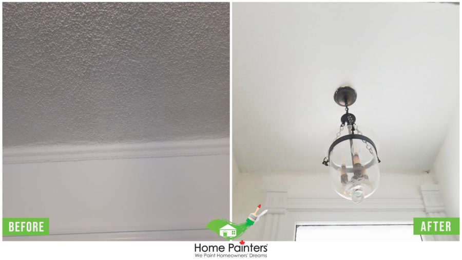 before and after image of white popcorn ceiling flattening, popcorn ceiling removal, popcorn ceiling removal cost, stucco ceiling flattening