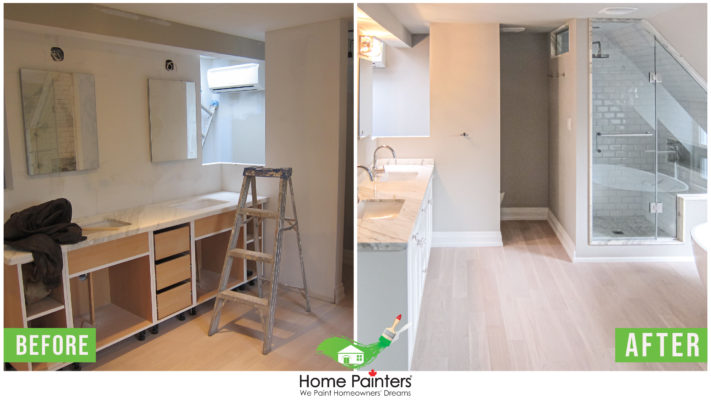 before and after picture of interior painting in bathroom