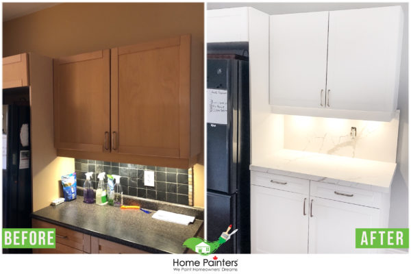 before and after picture of oak wooden kitchen cupboards painting