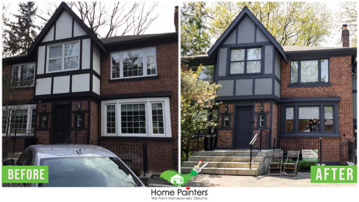 Before and after pictures for brick staining and painting on exterior of a residential house, Exterior painting, Exterior painters, Painting companies, Painting, residential house painting, exterior paint