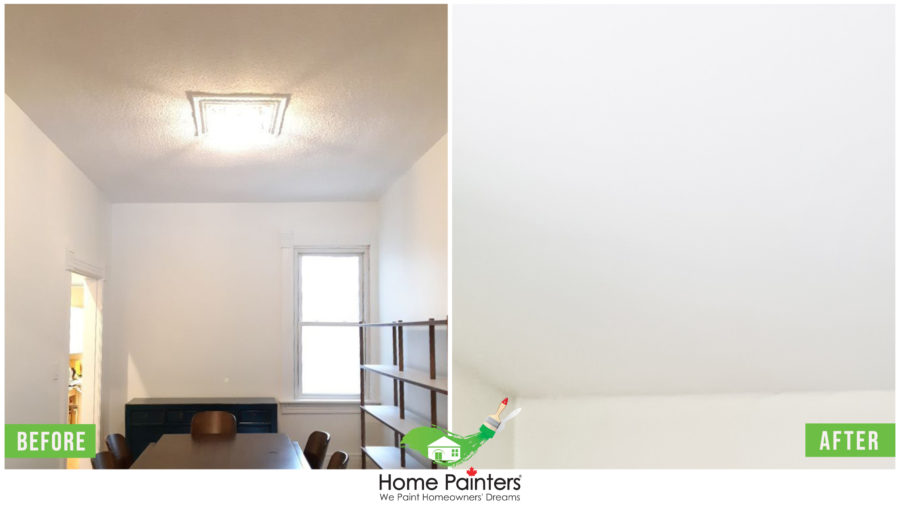 before and after image of popcorn ceiling flattening, popcorn ceiling removal, popcorn ceiling removal cost, stucco ceiling flattening