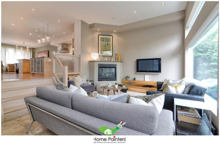 condo living room painted taupe by local home painters in toronto, professional home painters ontario, home painting services, interior house painters near me, house painters, interior painting company