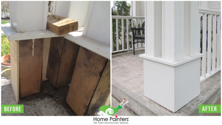 before and after picture of handyman carpentry of wood pillar