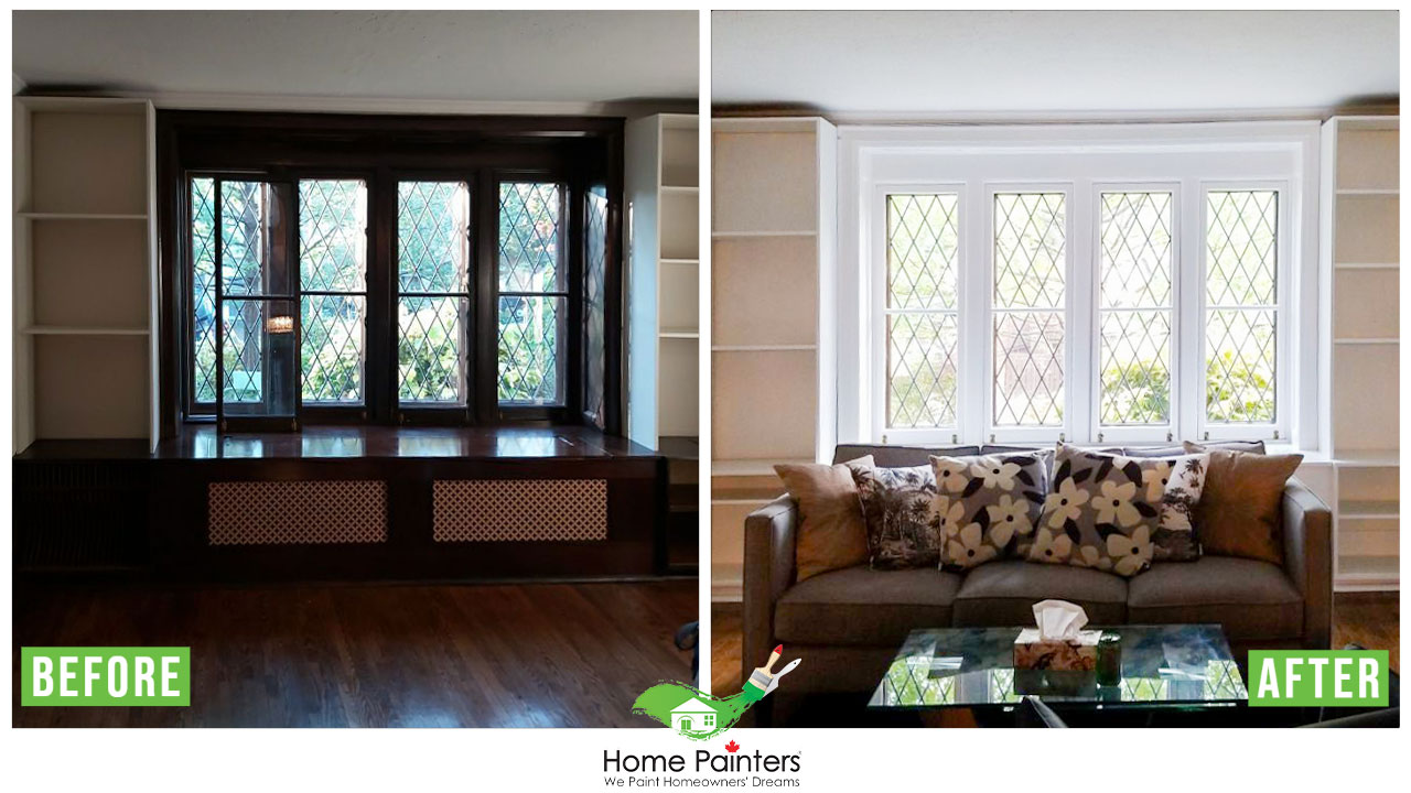 Before and after picture of interior painting in living room with sofa set and furniture, Interior painting and staircase wallpaper painting project by Home painters toronto, Interior painting in toronto, stair staining