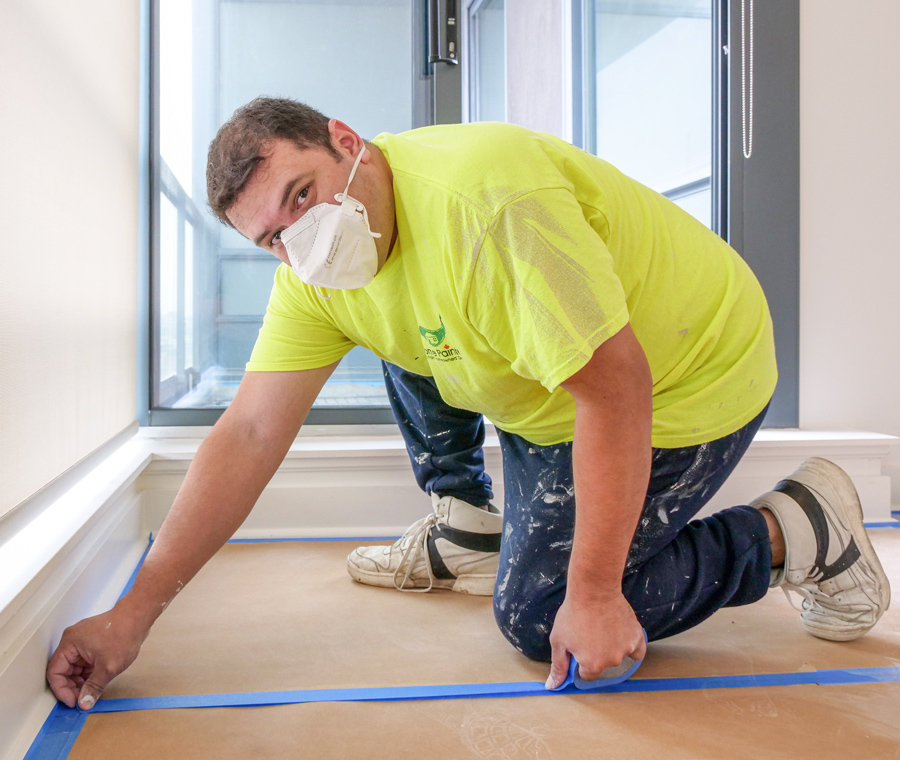 House Painter doing prep or preparation before painting and popcorn ceiling removal