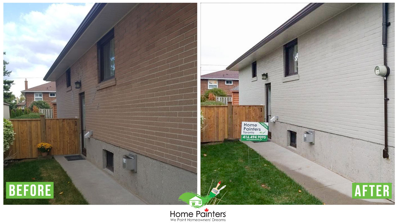 Before and after pictures for brick staining and painting on exterior of a residential house, cost to paint a brick house, is it better to stain or paint brick, how long does stained brick last, brick painters, staining brick house, stained brick exterior