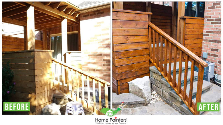 Before and after picture for deck staining and painting project by home painters Toronto, how to stain a deck, deck stain, deck, deck paint colors, deck painting cost, Deck Power wash