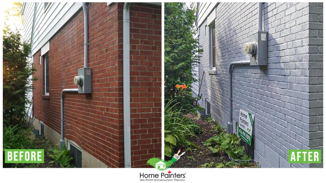 before and after picture of exterior painting brick staining home painters toronto project