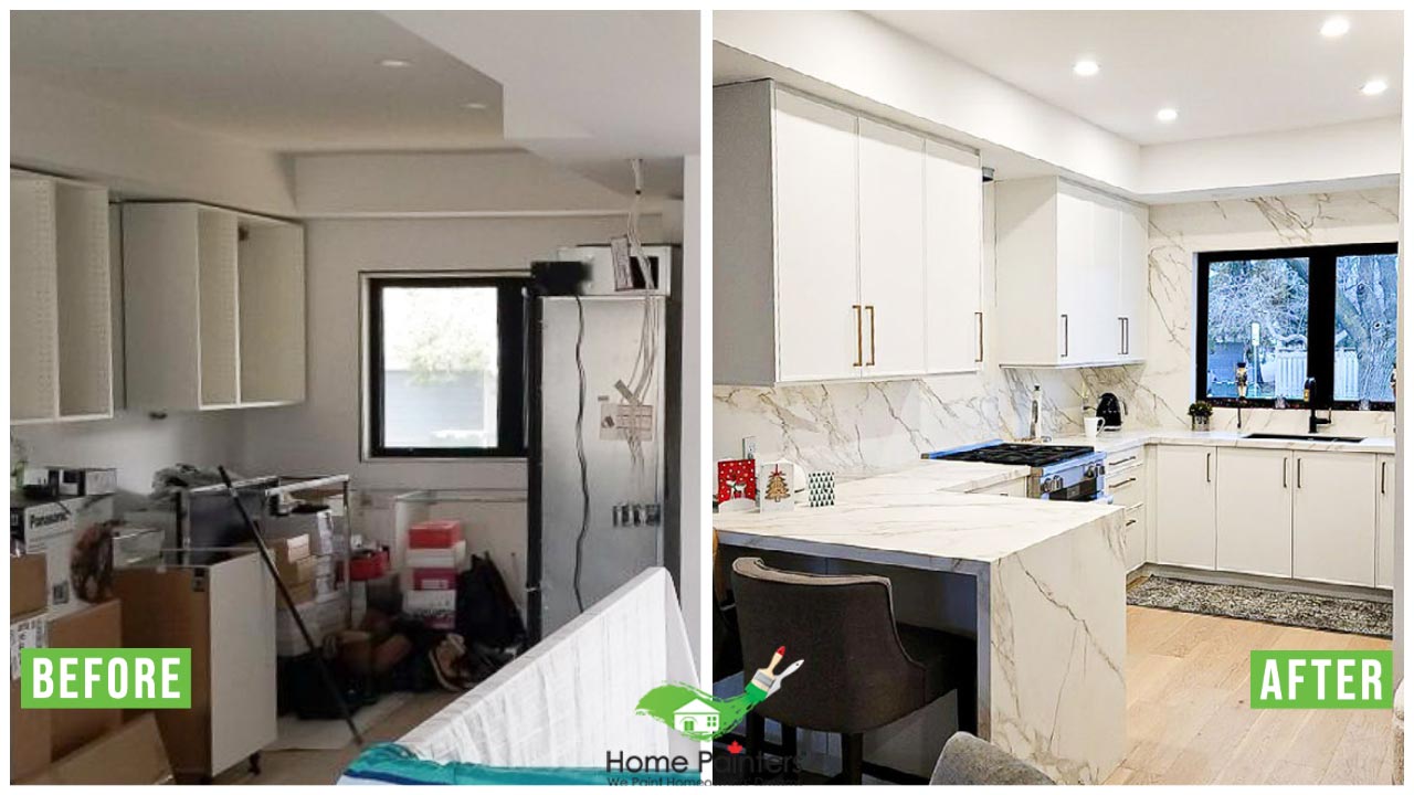 before and after image of interior kitchen modern make over home painters toronto, kitchen cabinet painting