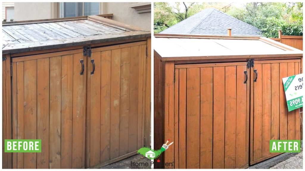 before and after picture of wooden staining project