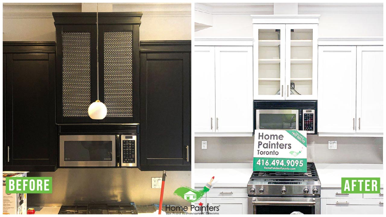 before and after image of interior kitchen cabinet painting home painters make over