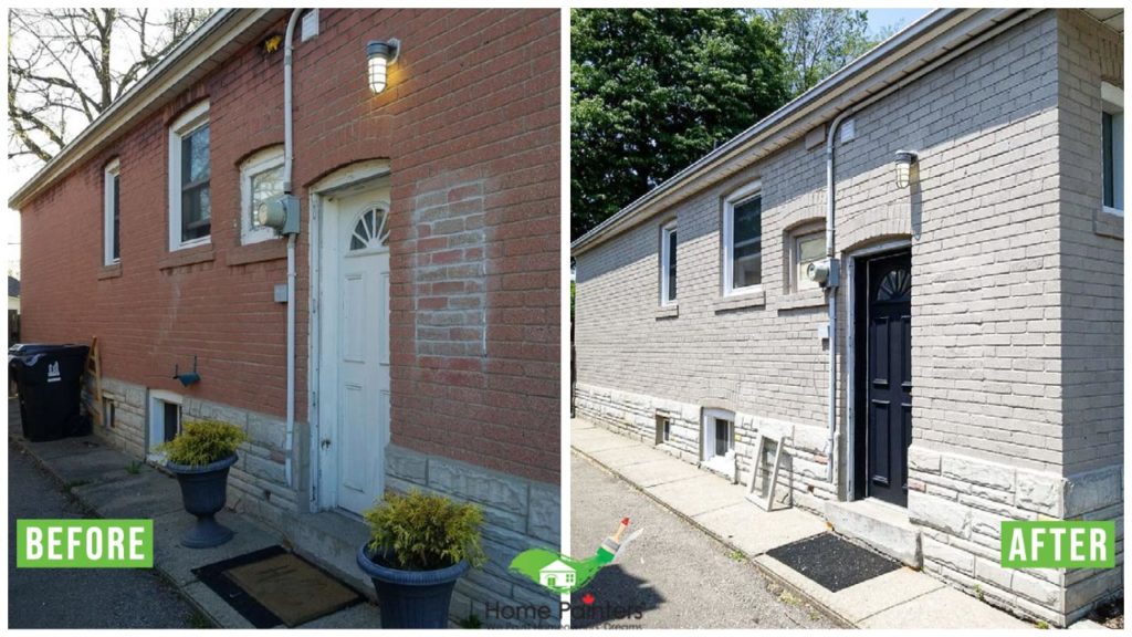 before and after image of exterior painting brick staining home painters toronto project