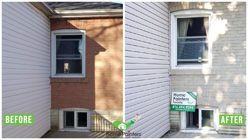 before and after picture of exterior painting brick staining home painters toronto project